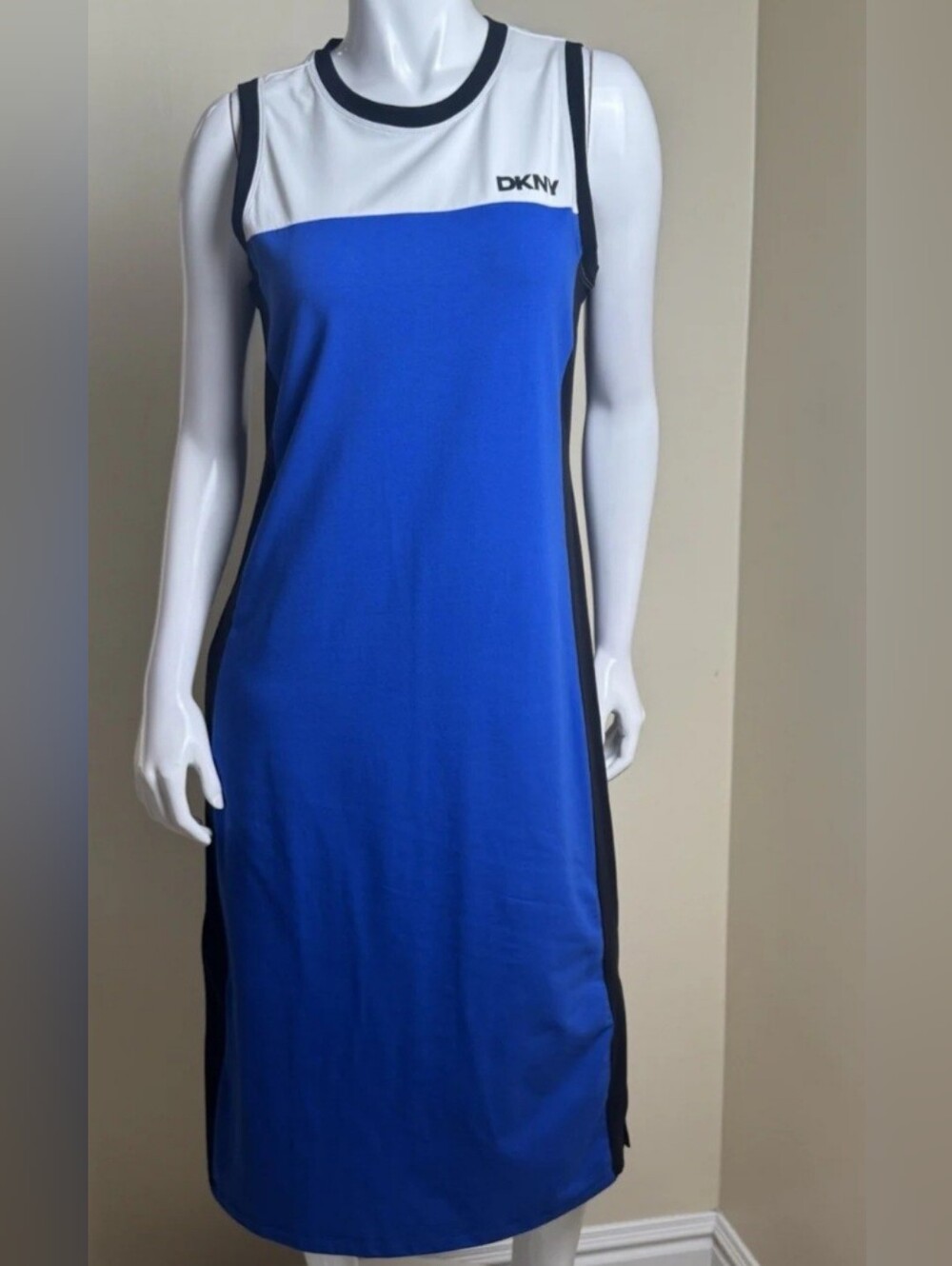 NEW DKNY Blue White and Black Sleeveless Colorblock Midi Dress M Size Medium